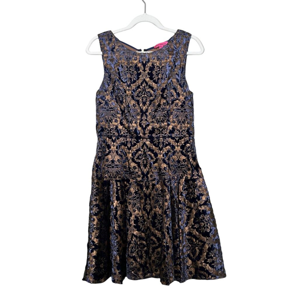 Betsey Johnson Vintage 1990s Blue and Gold Brocade party Dress size 10